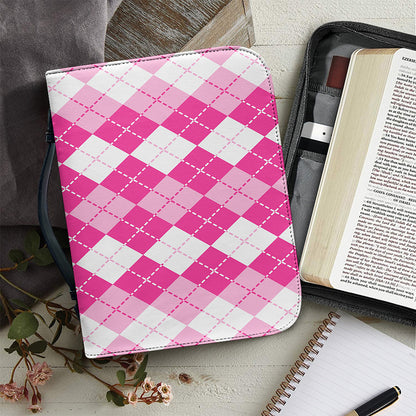 Pink And White Argyle Pattern Print Leather Bible Cover