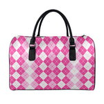Pink And White Argyle Pattern Print Leather Duffle Bag