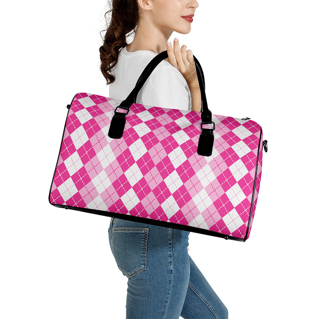 Pink And White Argyle Pattern Print Leather Duffle Bag