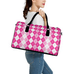 Pink And White Argyle Pattern Print Leather Duffle Bag