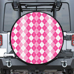 Pink And White Argyle Pattern Print Leather Spare Tire Cover