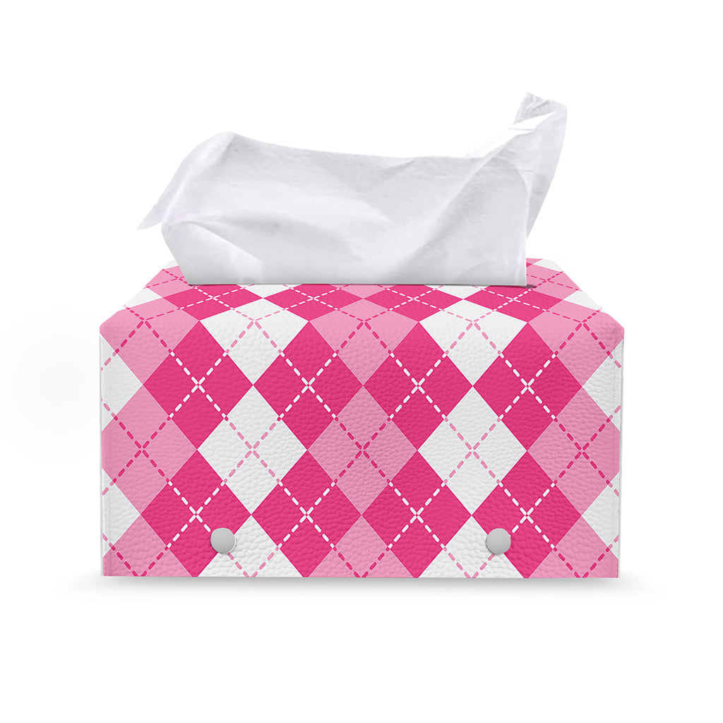 Pink And White Argyle Pattern Print Leather Tissue Box Cover