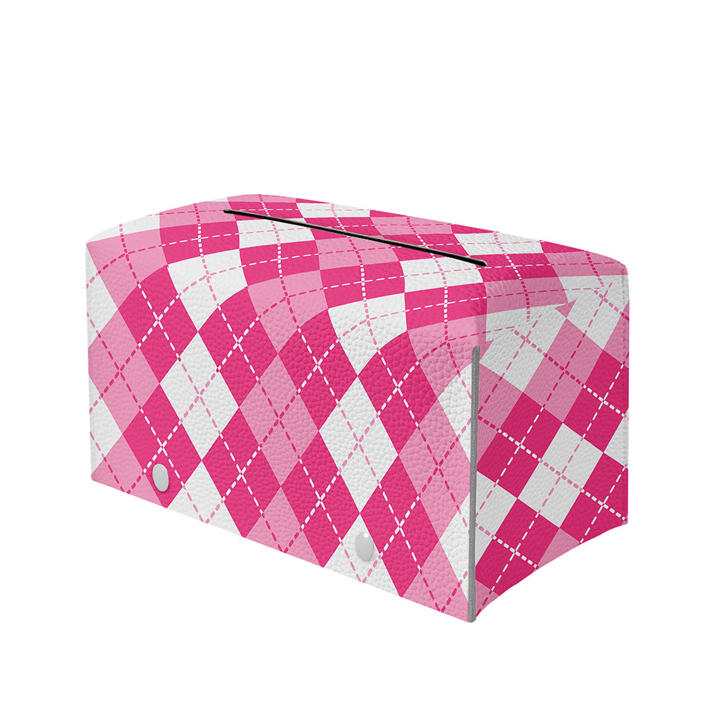 Pink And White Argyle Pattern Print Leather Tissue Box Cover