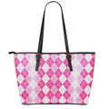 Pink And White Argyle Pattern Print Leather Tote Bag With Zipper