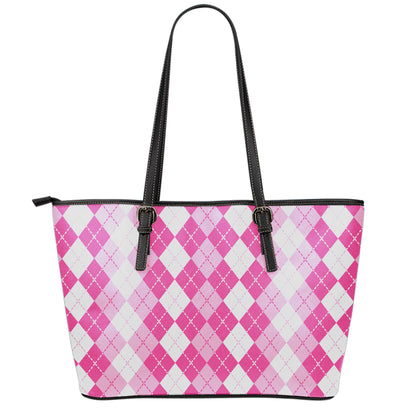 Pink And White Argyle Pattern Print Leather Tote Bag