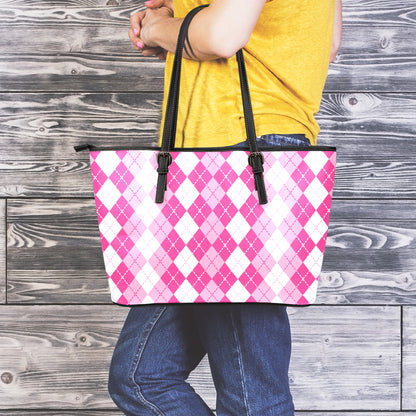 Pink And White Argyle Pattern Print Leather Tote Bag