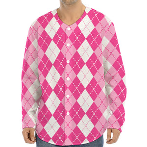 Pink And White Argyle Pattern Print Long Sleeve Baseball Jersey