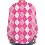 Pink And White Argyle Pattern Print Long Sleeve Baseball Jersey