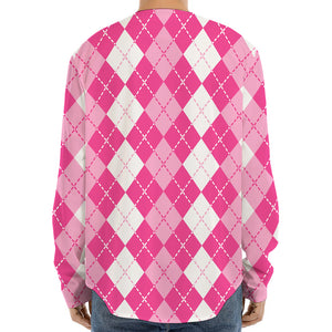 Pink And White Argyle Pattern Print Long Sleeve Baseball Jersey