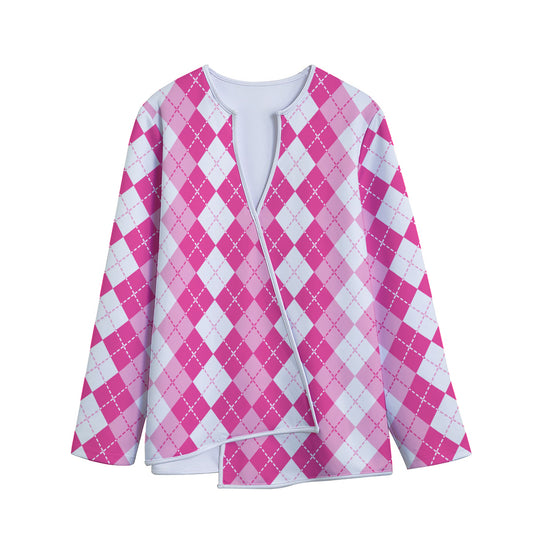 Pink And White Argyle Pattern Print Long Sleeve Short Coat