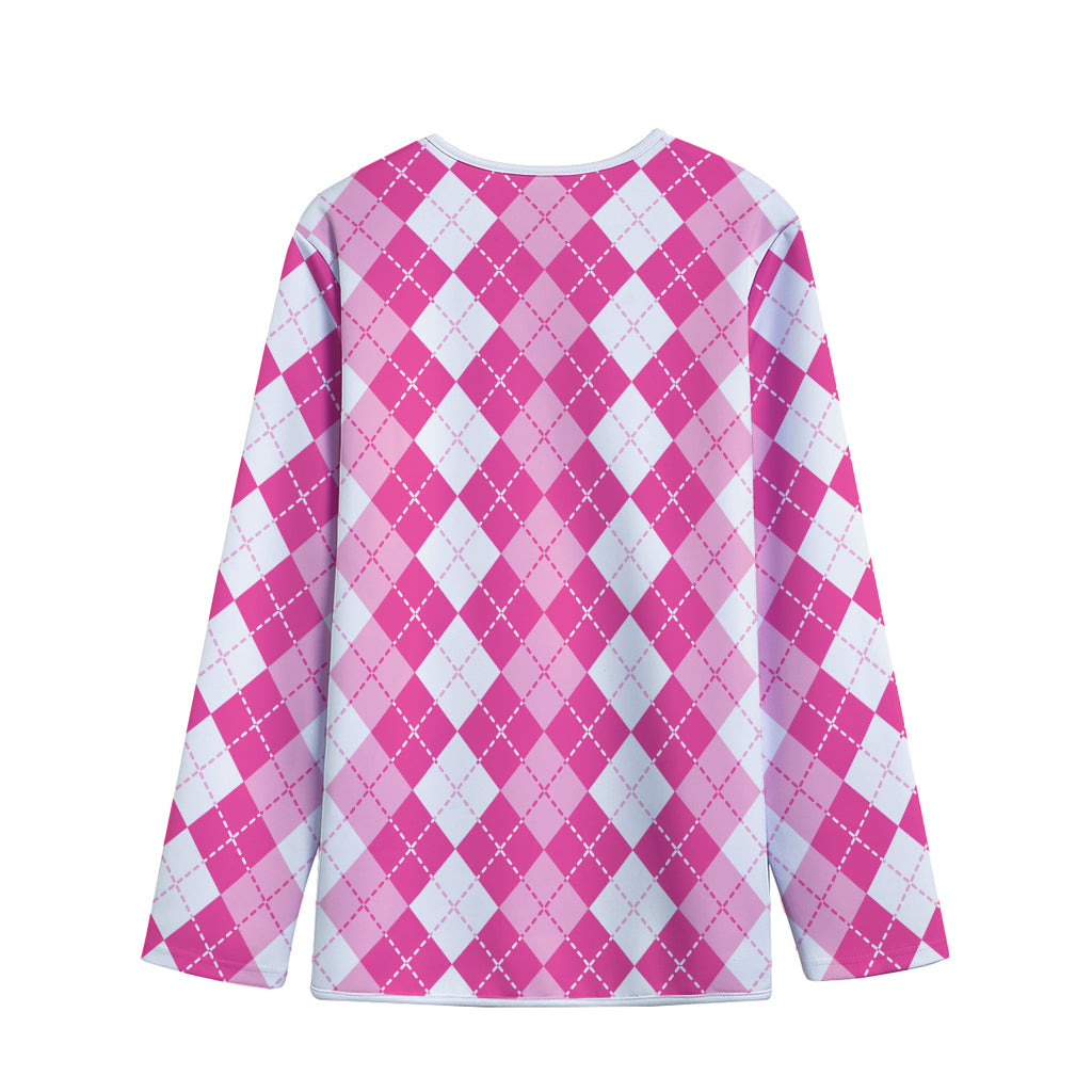 Pink And White Argyle Pattern Print Long Sleeve Short Coat