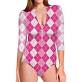 Pink And White Argyle Pattern Print Long Sleeve Swimsuit
