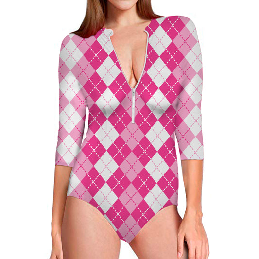 Pink And White Argyle Pattern Print Long Sleeve Swimsuit