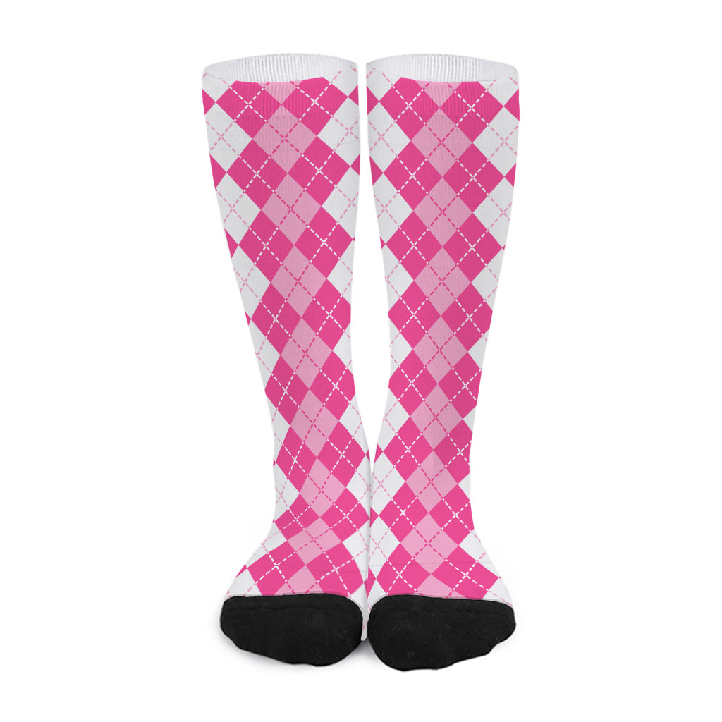 Pink And White Argyle Pattern Print Long Socks