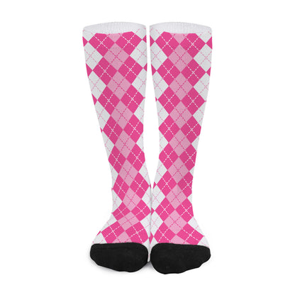 Pink And White Argyle Pattern Print Long Socks