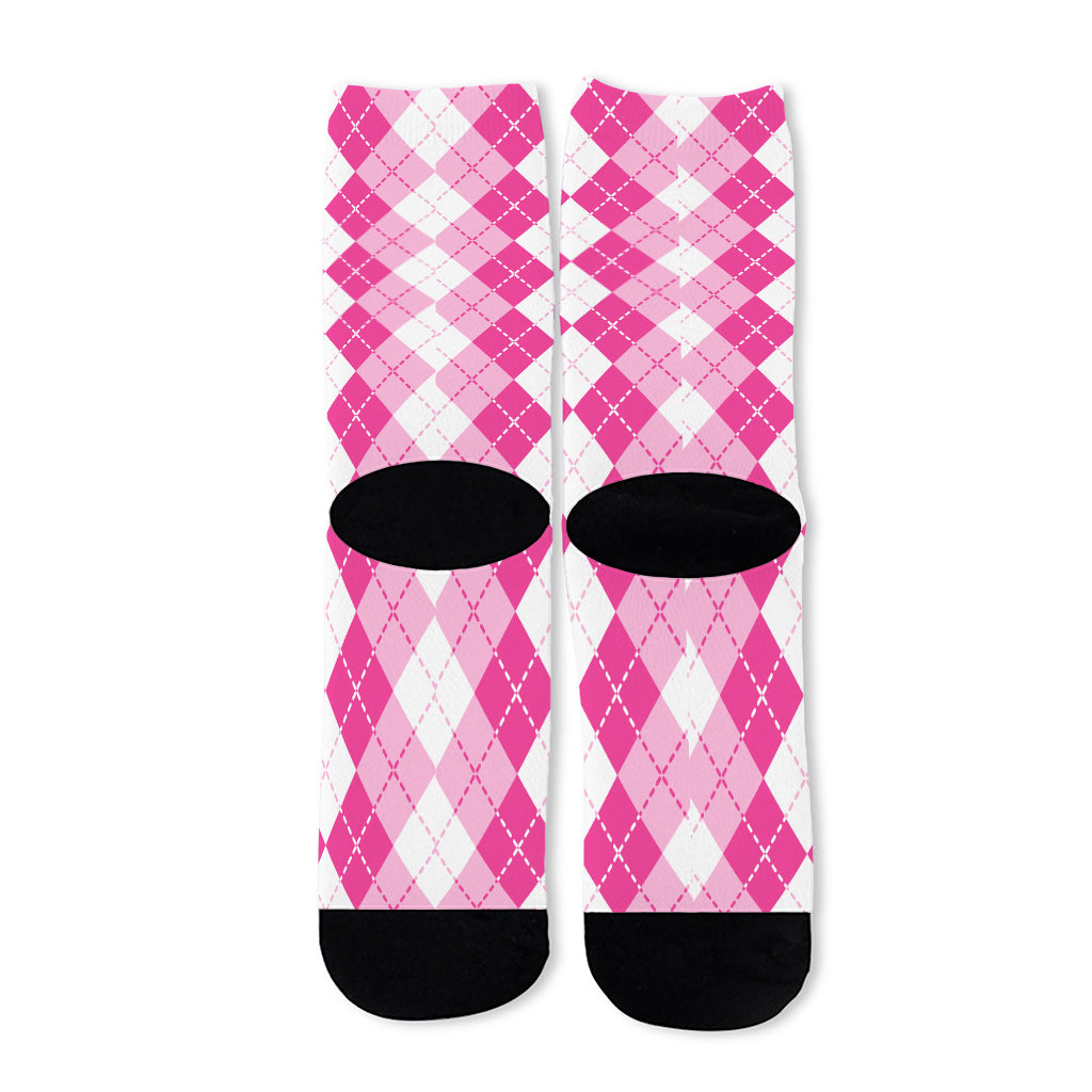 Pink And White Argyle Pattern Print Long Socks