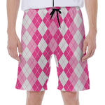 Pink And White Argyle Pattern Print Men's Beach Shorts