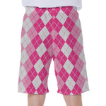 Pink And White Argyle Pattern Print Men's Beach Shorts