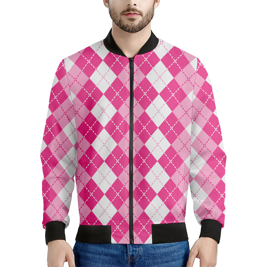 Pink And White Argyle Pattern Print Men's Bomber Jacket