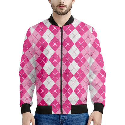 Pink And White Argyle Pattern Print Men's Bomber Jacket