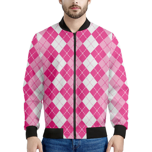 Pink And White Argyle Pattern Print Men's Bomber Jacket