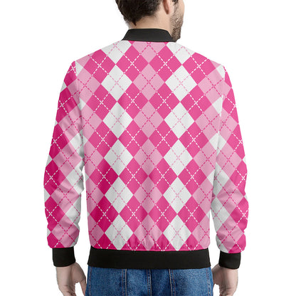 Pink And White Argyle Pattern Print Men's Bomber Jacket