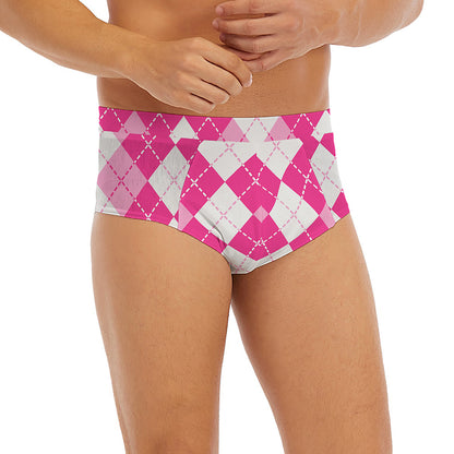 Pink And White Argyle Pattern Print Men's Briefs