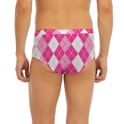 Pink And White Argyle Pattern Print Men's Briefs