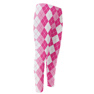 Pink And White Argyle Pattern Print Men's Compression Pants