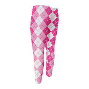 Pink And White Argyle Pattern Print Men's Compression Pants