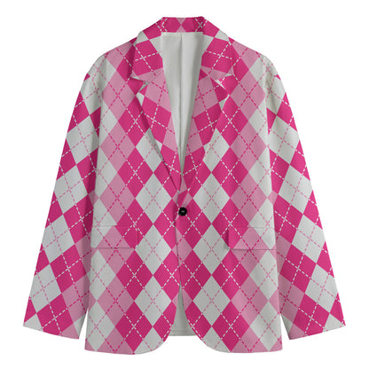 Pink And White Argyle Pattern Print Men's Cotton Blazer