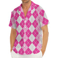 Pink And White Argyle Pattern Print Men's Deep V-Neck Shirt