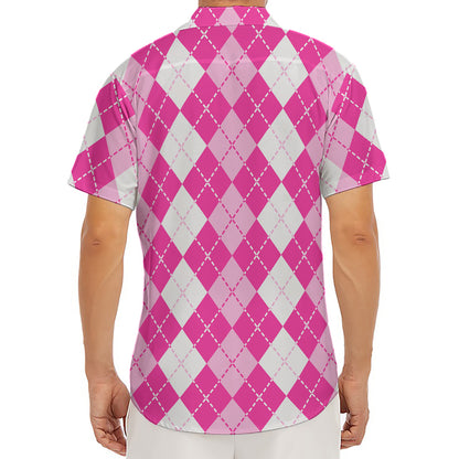 Pink And White Argyle Pattern Print Men's Deep V-Neck Shirt