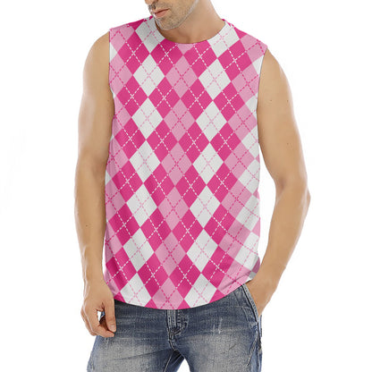 Pink And White Argyle Pattern Print Men's Fitness Tank Top