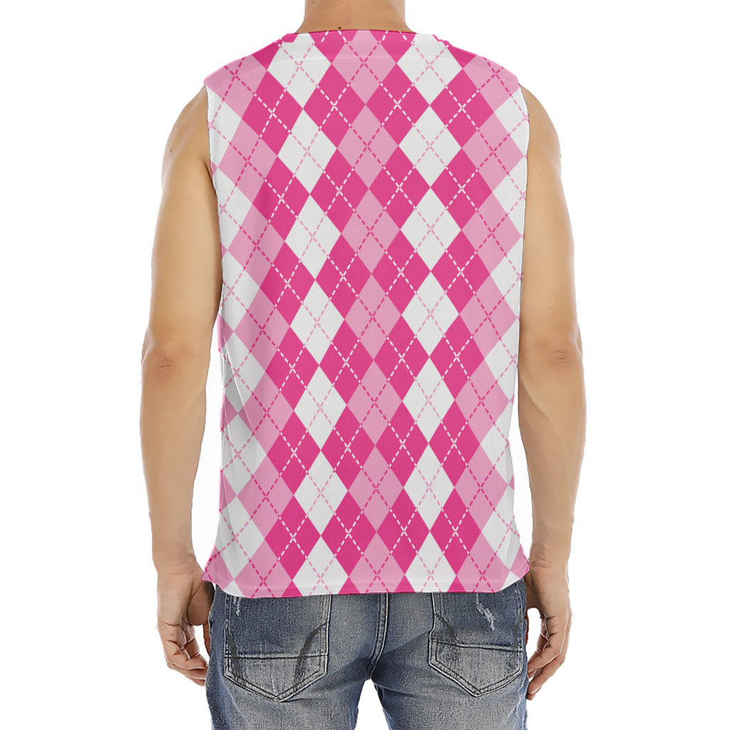 Pink And White Argyle Pattern Print Men's Fitness Tank Top