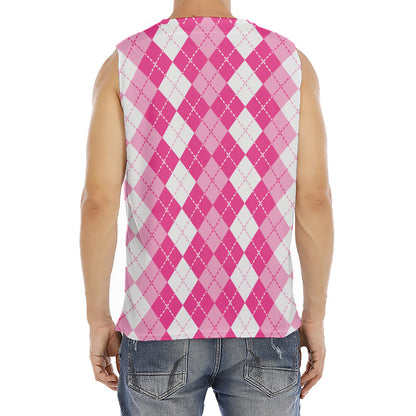 Pink And White Argyle Pattern Print Men's Fitness Tank Top