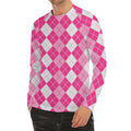 Pink And White Argyle Pattern Print Men's Long Sleeve Rash Guard