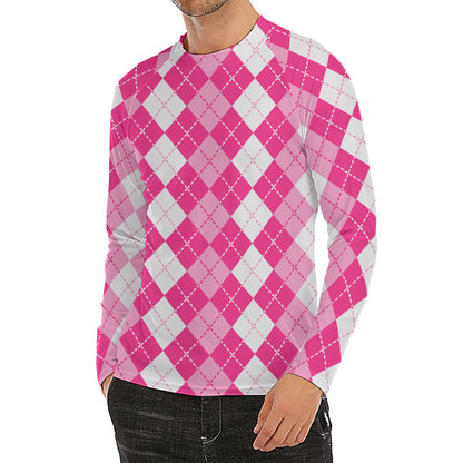 Pink And White Argyle Pattern Print Men's Long Sleeve Rash Guard