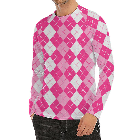 Pink And White Argyle Pattern Print Men's Long Sleeve Rash Guard
