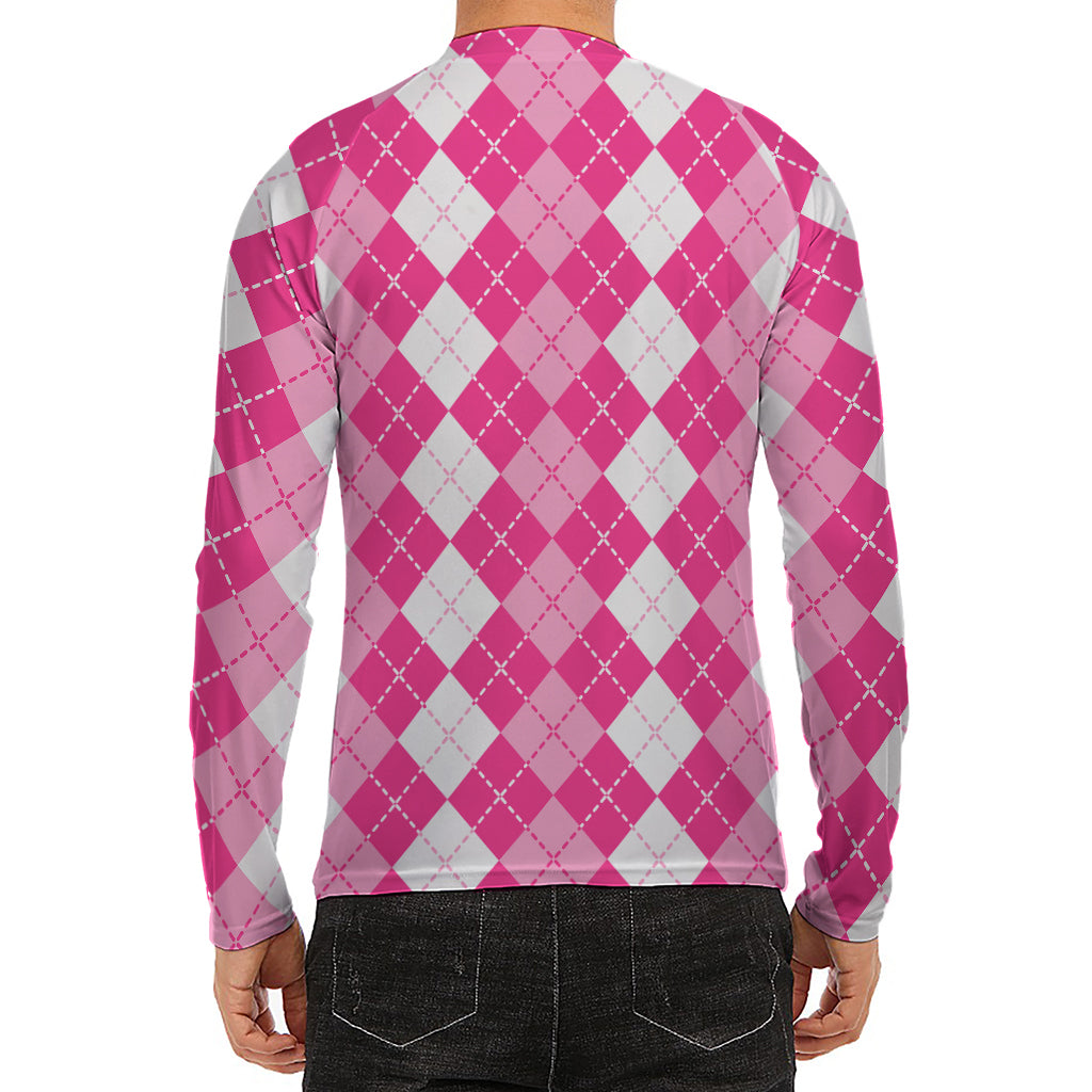 Pink And White Argyle Pattern Print Men's Long Sleeve Rash Guard