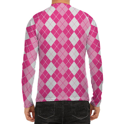 Pink And White Argyle Pattern Print Men's Long Sleeve Rash Guard