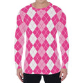 Pink And White Argyle Pattern Print Men's Long Sleeve T-Shirt