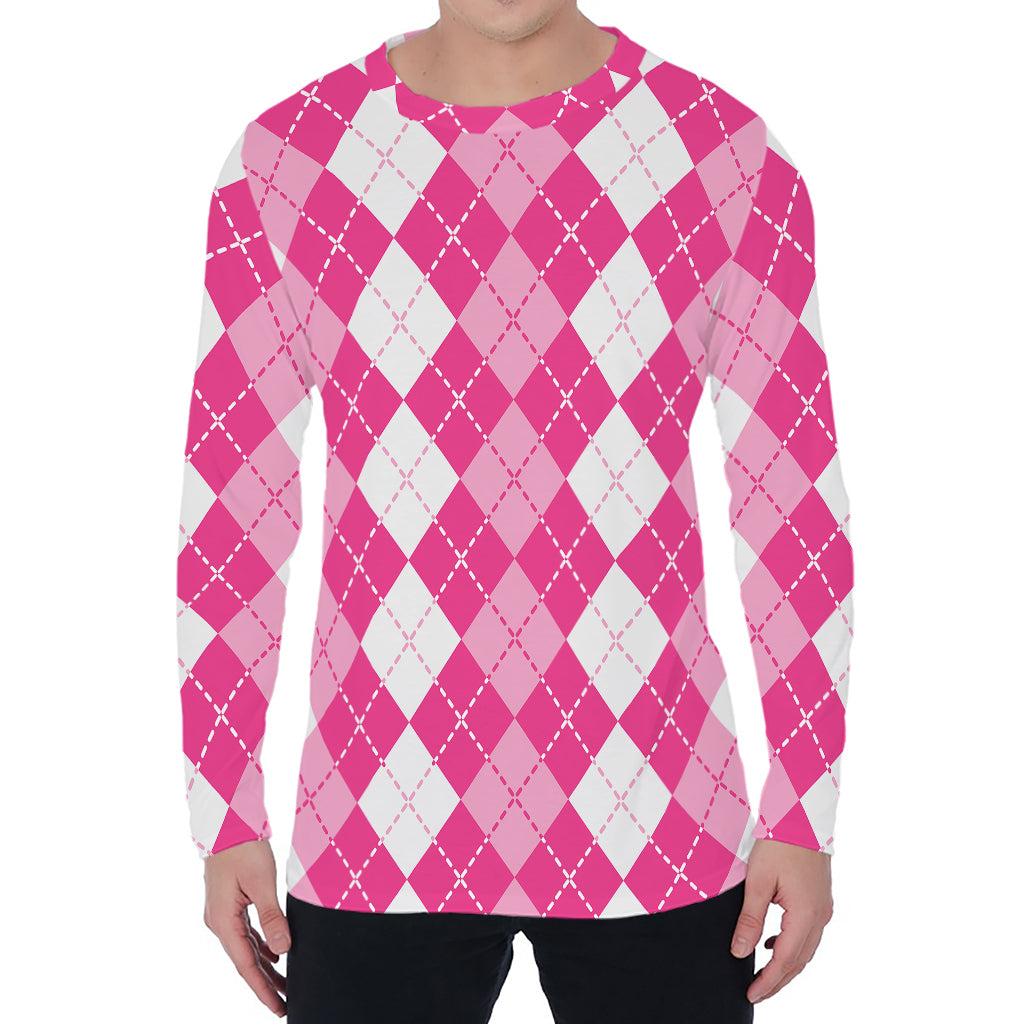 Pink And White Argyle Pattern Print Men's Long Sleeve T-Shirt