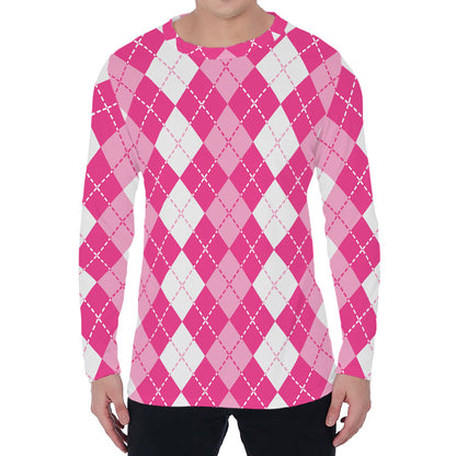 Pink And White Argyle Pattern Print Men's Long Sleeve T-Shirt