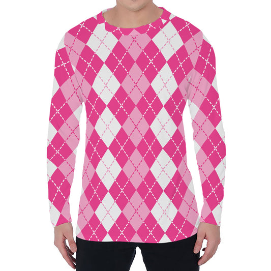 Pink And White Argyle Pattern Print Men's Long Sleeve T-Shirt