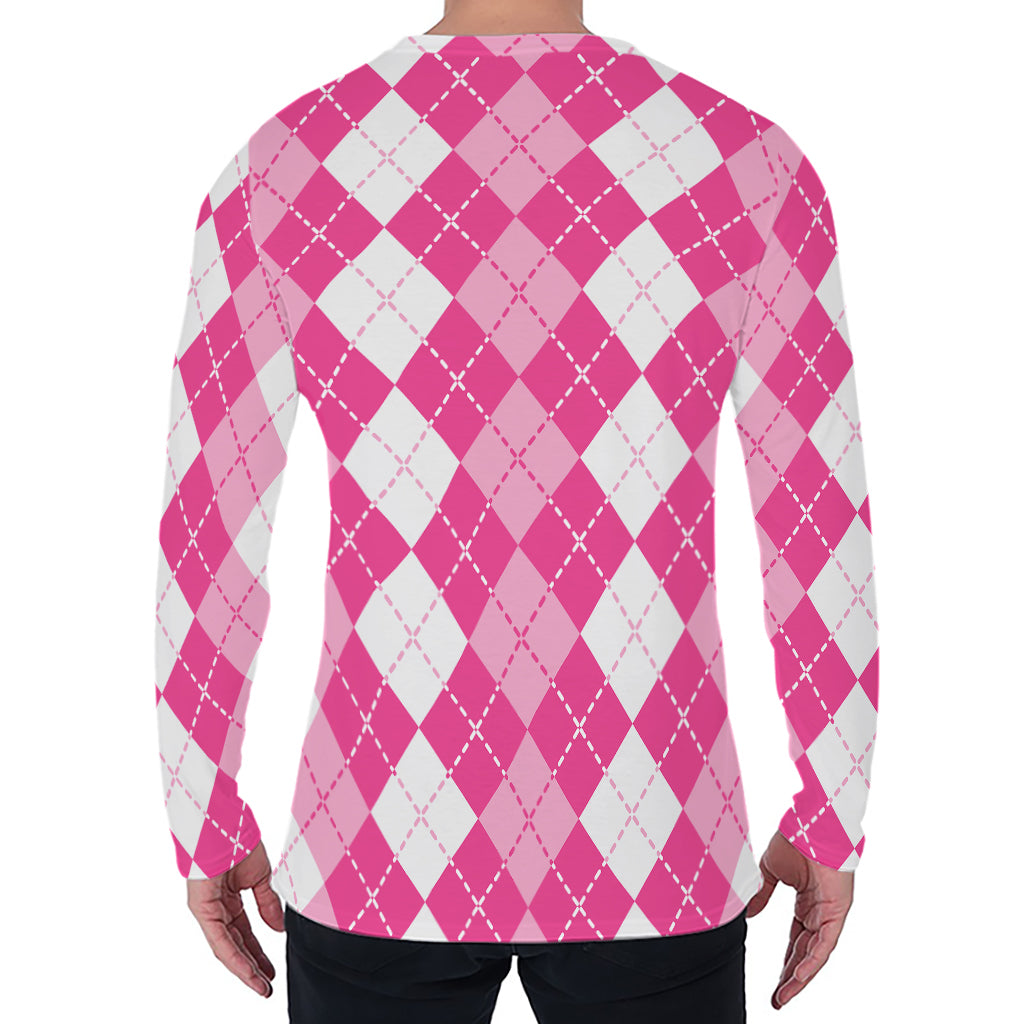 Pink And White Argyle Pattern Print Men's Long Sleeve T-Shirt