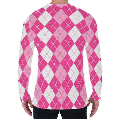 Pink And White Argyle Pattern Print Men's Long Sleeve T-Shirt