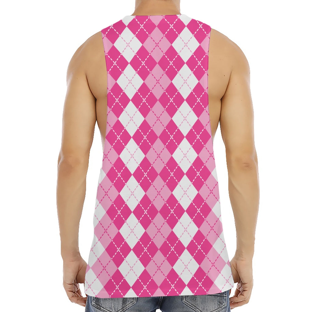 Pink And White Argyle Pattern Print Men's Muscle Tank Top
