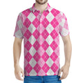 Pink And White Argyle Pattern Print Men's Polo Shirt