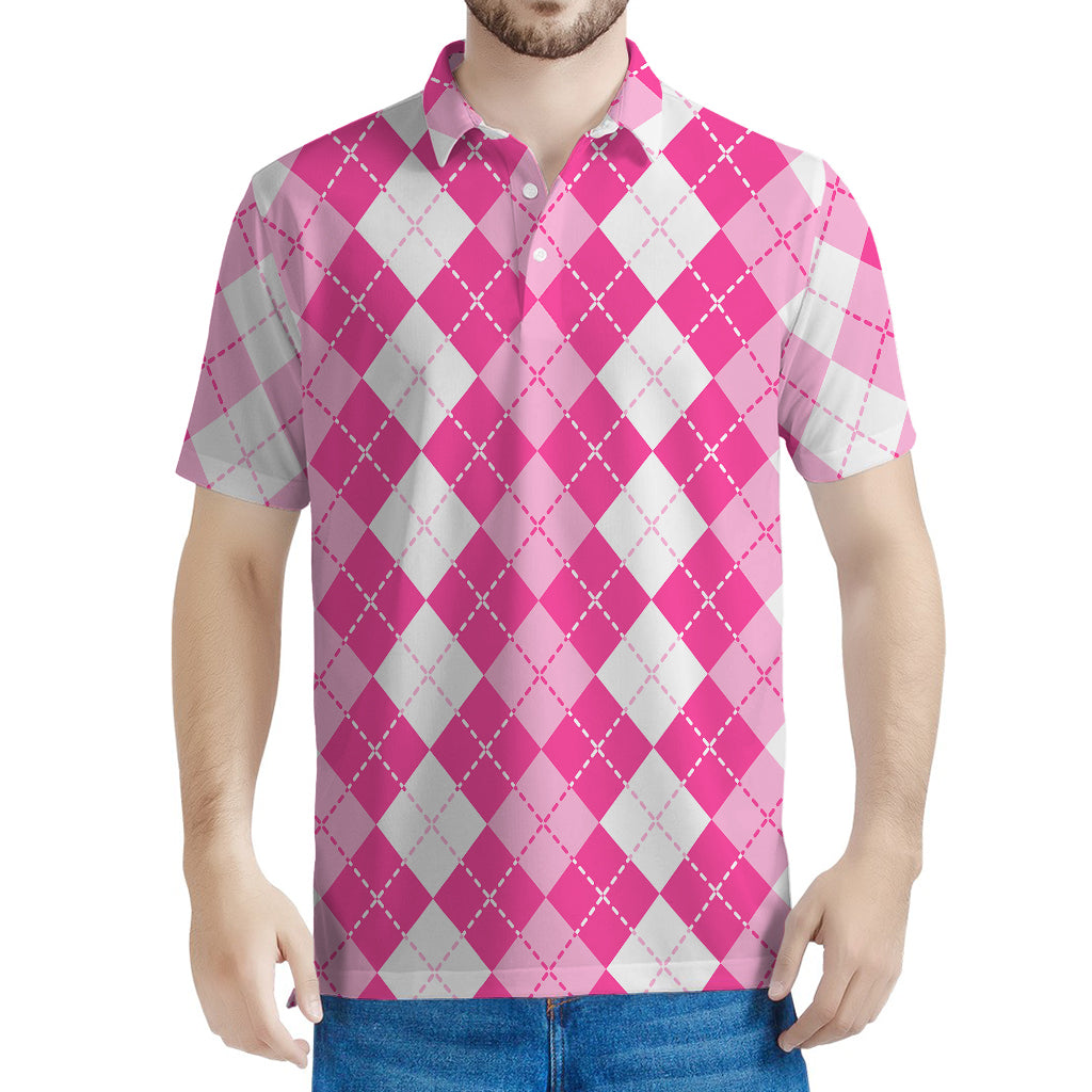 Pink And White Argyle Pattern Print Men's Polo Shirt